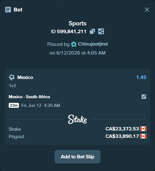 Bet slip: Mexico - South Africa, $17,295.67 stake at 1.45 odds, placed by Chinujaatjind