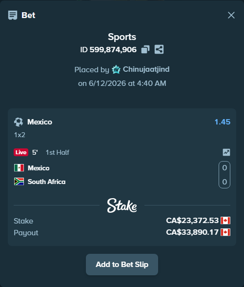 Bet slip: Mexico - South Africa, $17,295.67 stake at 1.45 odds, placed by Chinujaatjind