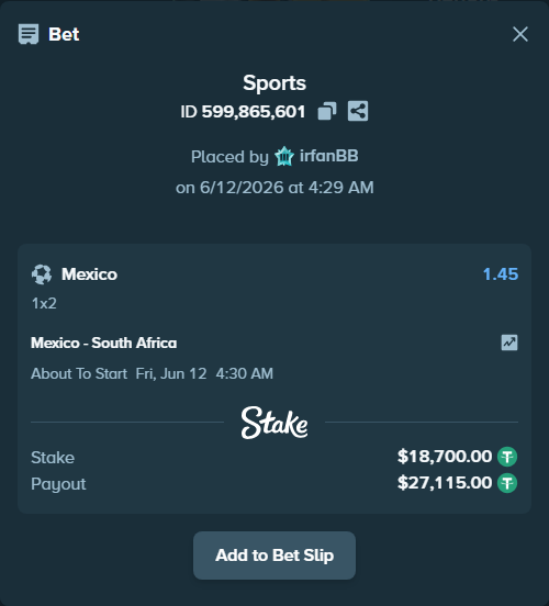Bet slip: Mexico - South Africa, $18,718.70 stake at 1.45 odds, placed by irfanBB