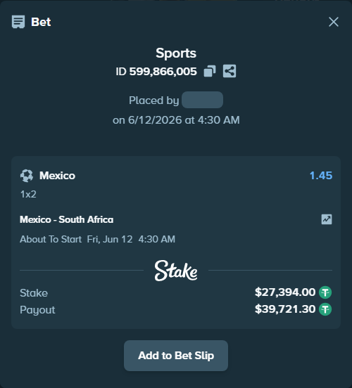 Bet slip: Mexico - South Africa, $27,421.39 stake at 1.45 odds, placed by frodeand