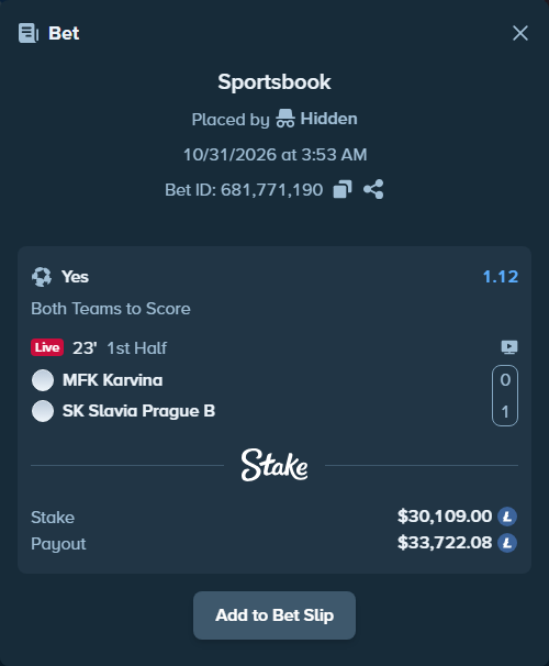 Bet slip: MFK Karvina - SK Slavia Prague B, $29,672.42 stake at 1.12 odds, placed by Hidden