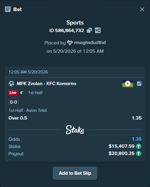 Bet slip: MFK Zvolen - KFC Komarno, $15,423.00 stake at 1.35 odds, placed by rmaghsdudthd