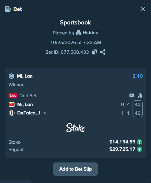 Bet slip: Mi, Lan - DeFalco, J, $14,169.00 stake at 2.10 odds, placed by Hidden