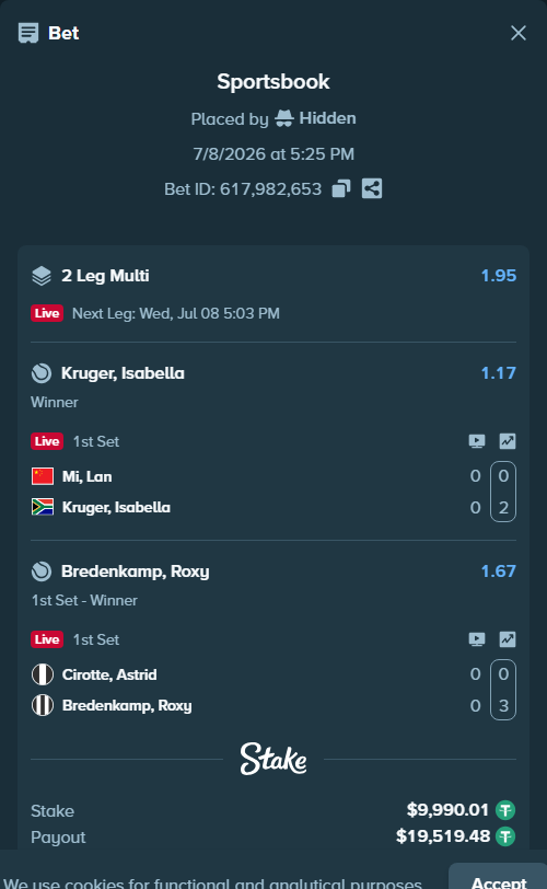 Bet slip: Mi, Lan - Kruger, Isabella, $10,000.00 stake at 1.17 odds, placed by Hidden