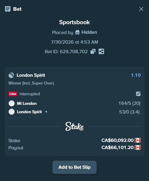 Bet slip: MI London - London Spirit, $44,468.08 stake at 1.10 odds, placed by Hidden
