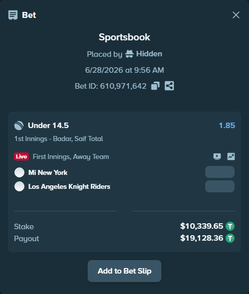 Bet slip: Mi New York - Los Angeles Knight Riders, $10,349.99 stake at 1.85 odds, placed by Salinactg321