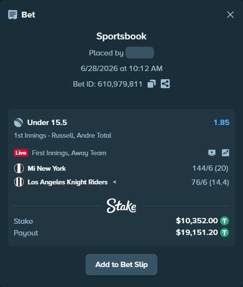 Bet slip: Mi New York - Los Angeles Knight Riders, $10,362.35 stake at 1.85 odds, placed by Salinactg321