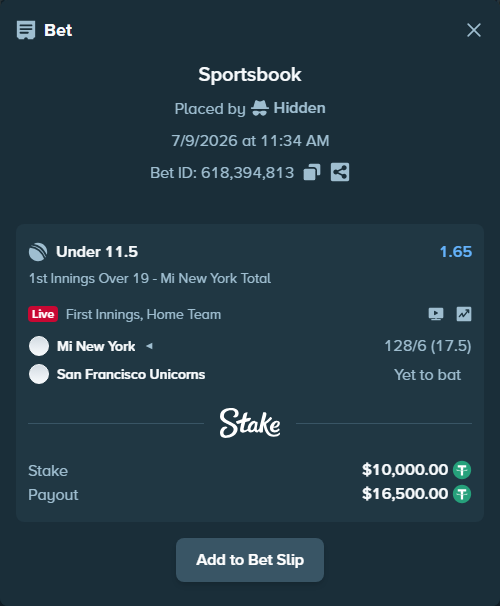 Bet slip: Mi New York - San Francisco Unicorns, $10,010.00 stake at 1.65 odds, placed by Hidden