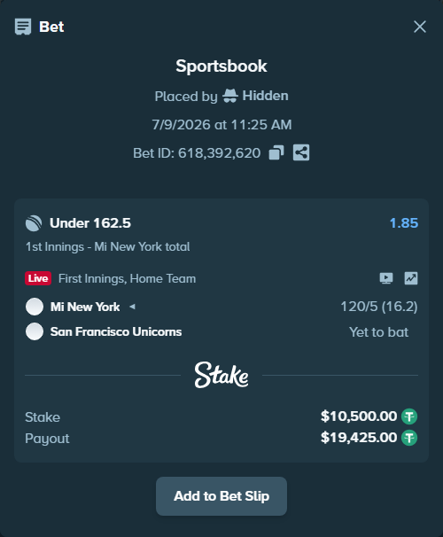 Bet slip: Mi New York - San Francisco Unicorns, $10,510.50 stake at 1.85 odds, placed by Hidden