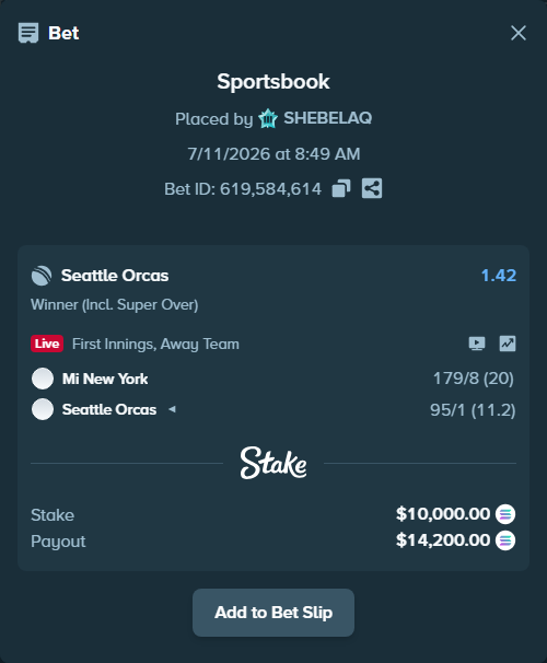 Bet slip: Mi New York - Seattle Orcas, $9,323.56 stake at 1.42 odds, placed by SHEBELAQ