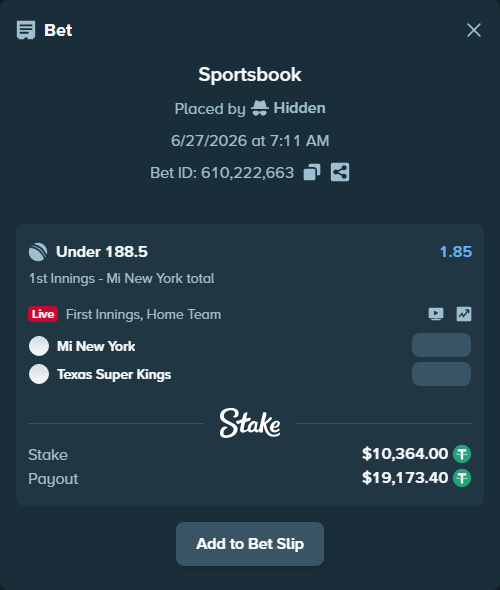 Bet slip: Mi New York - Texas Super Kings, $10,374.36 stake at 1.85 odds, placed by Hidden