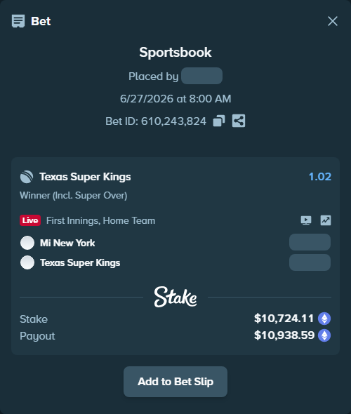 Bet slip: Mi New York - Texas Super Kings, $11,695.11 stake at 1.02 odds, placed by AaryanOfc