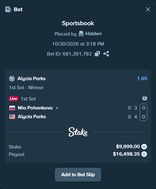 Bet slip: Mia Pohankova - Alycia Parks, $10,074.96 stake at 1.65 odds, placed by Hidden
