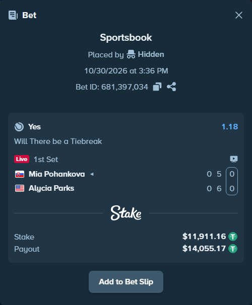 Bet slip: Mia Pohankova - Alycia Parks, $11,934.98 stake at 1.18 odds, placed by Hidden