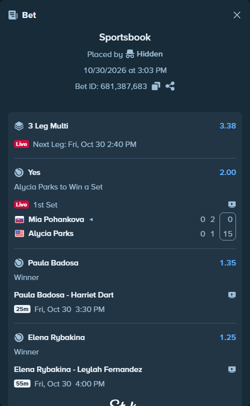 Bet slip: Mia Pohankova - Alycia Parks, $24,336.26 stake at 2.00 odds, placed by Hidden