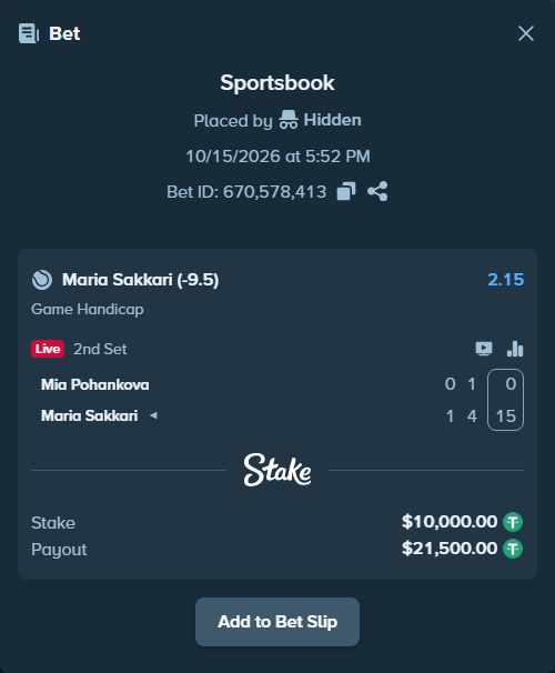 Bet slip: Mia Pohankova - Maria Sakkari, $10,010.00 stake at 2.15 odds, placed by haroldfinchh