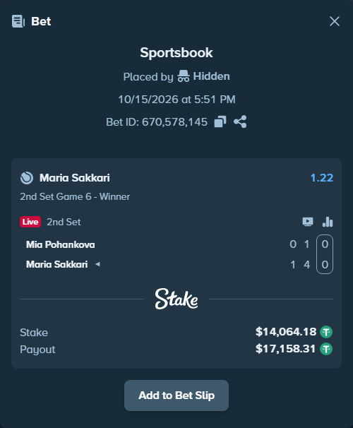 Bet slip: Mia Pohankova - Maria Sakkari, $14,078.25 stake at 1.22 odds, placed by Hidden