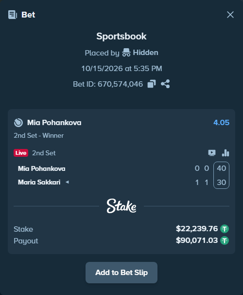 Bet slip: Mia Pohankova - Maria Sakkari, $22,262.00 stake at 4.05 odds, placed by Hidden