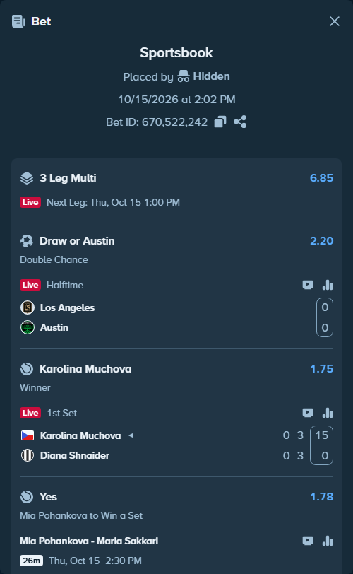Bet slip: Mia Pohankova - Maria Sakkari, $45,000.00 stake at 1.78 odds, placed by Hidden
