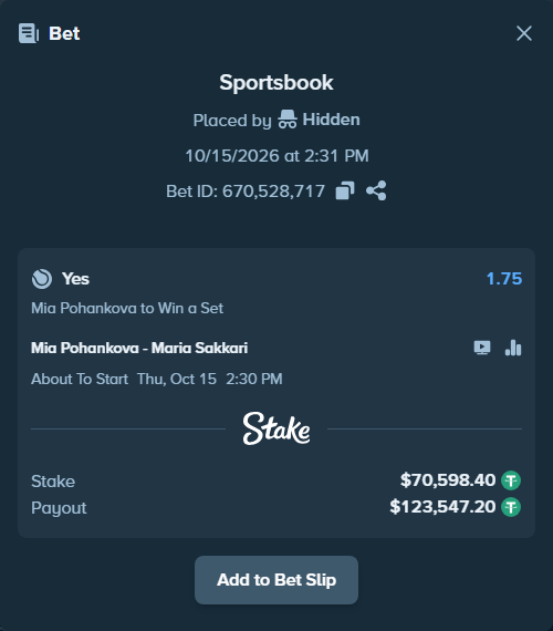 Bet slip: Mia Pohankova - Maria Sakkari, $70,669.00 stake at 1.75 odds, placed by Hidden
