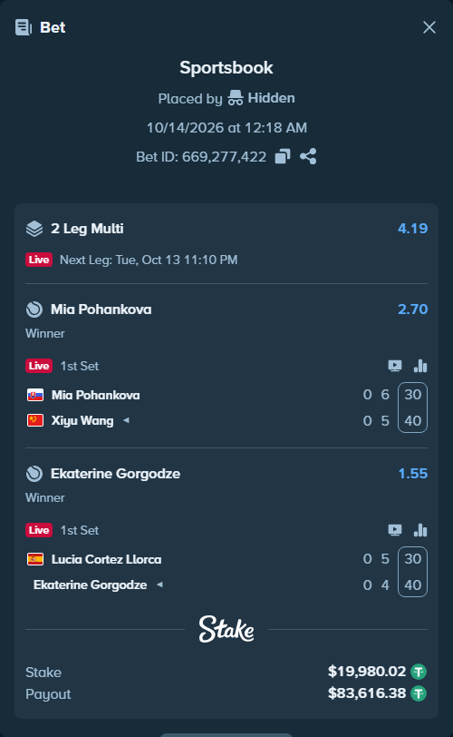 Bet slip: Mia Pohankova - Xiyu Wang, $20,000.00 stake at 2.70 odds, placed by Hidden