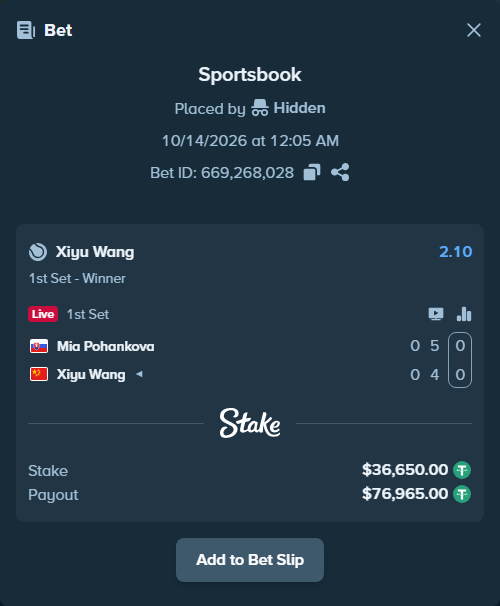 Bet slip: Mia Pohankova - Xiyu Wang, $36,686.65 stake at 2.10 odds, placed by Hidden