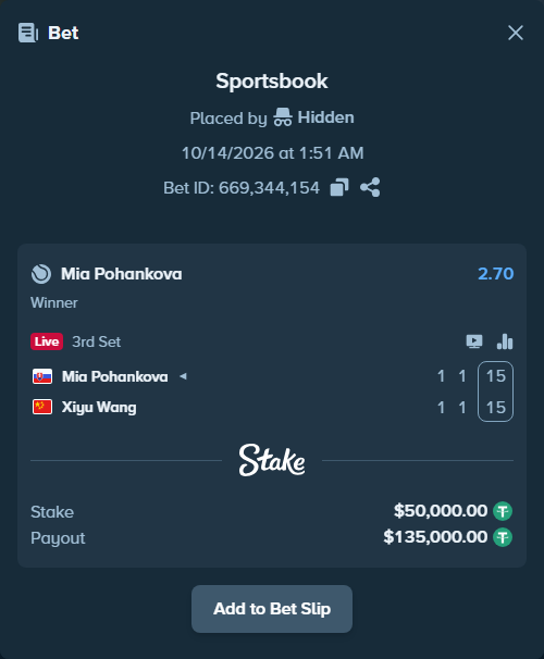 Bet slip: Mia Pohankova - Xiyu Wang, $50,050.00 stake at 2.70 odds, placed by Hidden