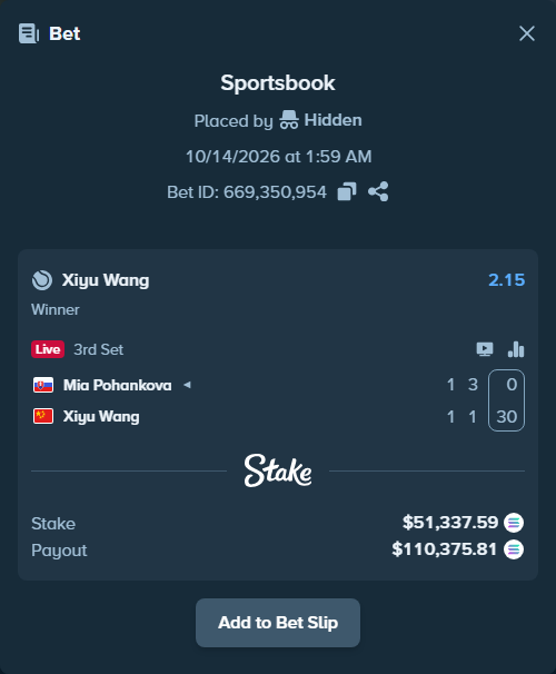 Bet slip: Mia Pohankova - Xiyu Wang, $51,436.55 stake at 2.15 odds, placed by Prettylfacko98