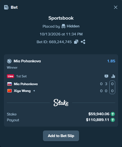 Bet slip: Mia Pohankova - Xiyu Wang, $60,000.00 stake at 1.85 odds, placed by Hidden