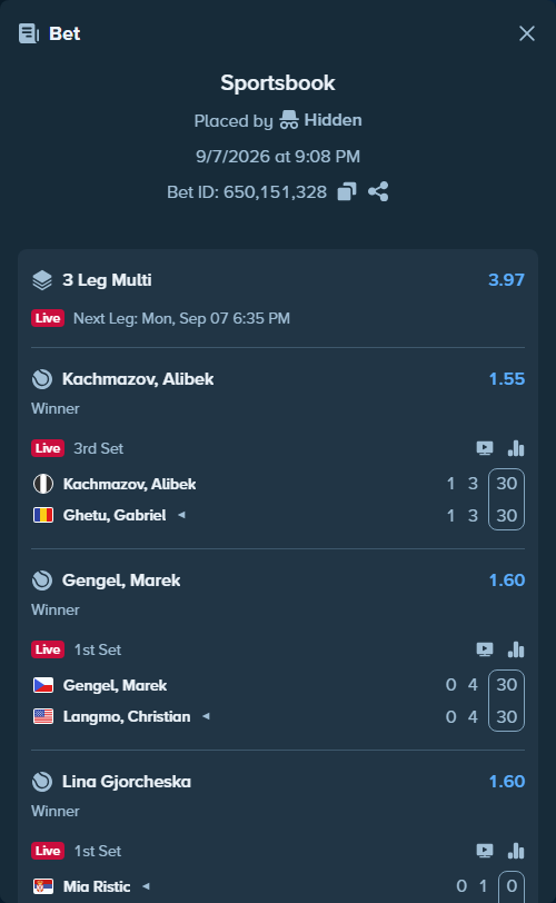 Bet slip: Mia Ristic - Lina Gjorcheska, $10,000.00 stake at 1.60 odds, placed by Hidden