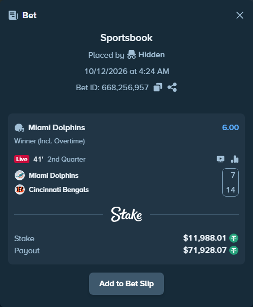 Bet slip: Miami Dolphins - Cincinnati Bengals, $12,000.00 stake at 6.00 odds, placed by BetlikeaKing