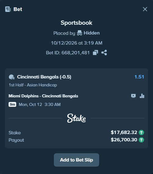 Bet slip: Miami Dolphins - Cincinnati Bengals, $17,700.00 stake at 1.51 odds, placed by oscardv1981