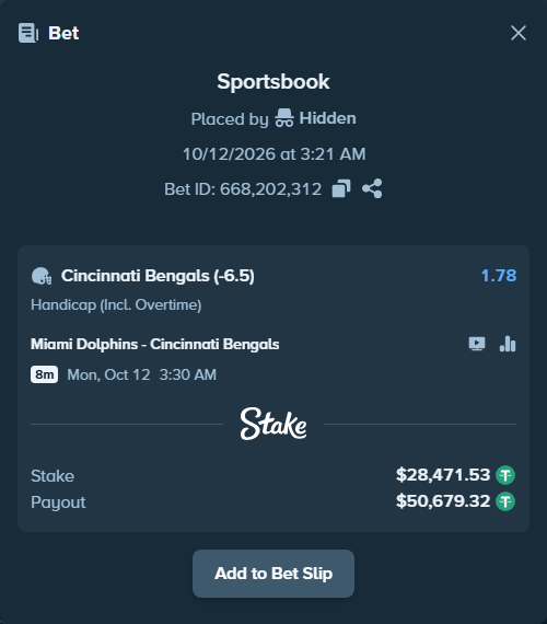 Bet slip: Miami Dolphins - Cincinnati Bengals, $28,500.00 stake at 1.78 odds, placed by oscardv1981