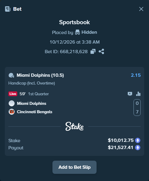 Bet slip: Miami Dolphins - Cincinnati Bengals, $9,971.63 stake at 2.15 odds, placed by Jollysea