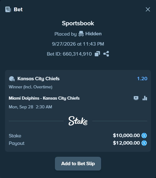 Bet slip: Miami Dolphins - Kansas City Chiefs, $10,000.00 stake at 1.20 odds, placed by boikot115
