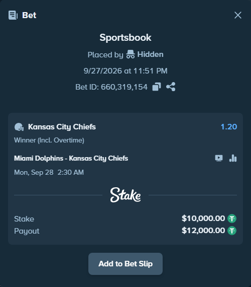 Bet slip: Miami Dolphins - Kansas City Chiefs, $10,000.00 stake at 1.20 odds, placed by joarug