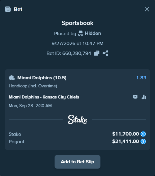 Bet slip: Miami Dolphins - Kansas City Chiefs, $11,700.00 stake at 1.83 odds, placed by Lybivsk25