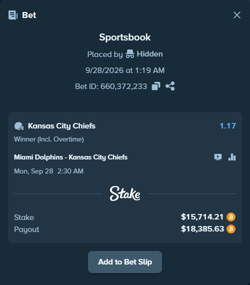 Bet slip: Miami Dolphins - Kansas City Chiefs, $15,671.89 stake at 1.17 odds, placed by megah29