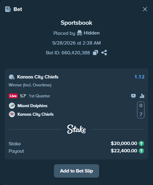 Bet slip: Miami Dolphins - Kansas City Chiefs, $20,000.00 stake at 1.12 odds, placed by Petter921