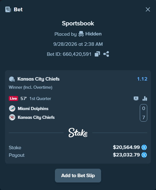 Bet slip: Miami Dolphins - Kansas City Chiefs, $20,564.99 stake at 1.12 odds, placed by Neberay