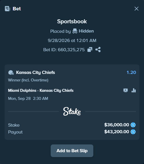 Bet slip: Miami Dolphins - Kansas City Chiefs, $36,000.00 stake at 1.20 odds, placed by LinnPersonal