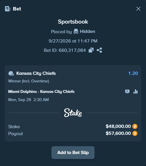 Bet slip: Miami Dolphins - Kansas City Chiefs, $47,795.65 stake at 1.20 odds, placed by 97signe