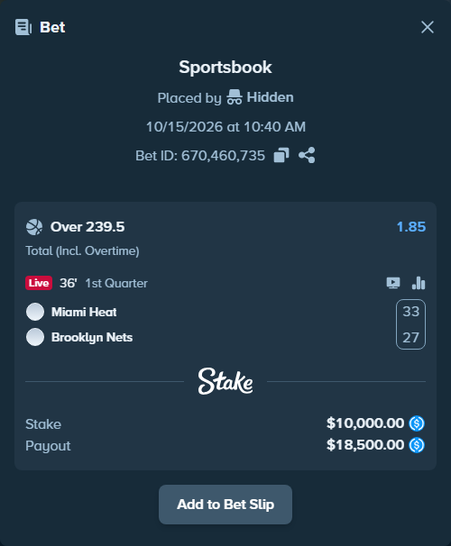 Bet slip: Miami Heat - Brooklyn Nets, $10,000.00 stake at 1.85 odds, placed by Hidden