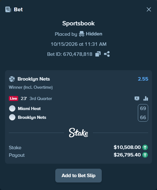 Bet slip: Miami Heat - Brooklyn Nets, $10,518.51 stake at 2.55 odds, placed by haroldfinchh
