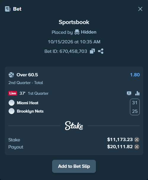 Bet slip: Miami Heat - Brooklyn Nets, $11,170.56 stake at 1.80 odds, placed by Hidden