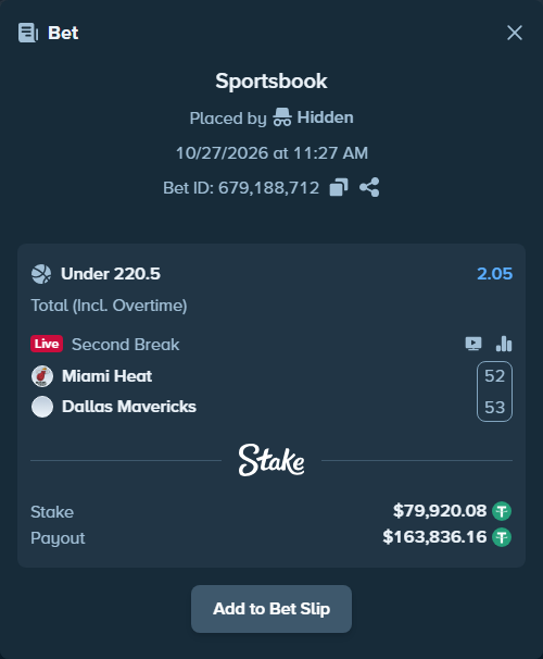 Bet slip: Miami Heat - Dallas Mavericks, $80,000.00 stake at 2.05 odds, placed by BetlikeaKing