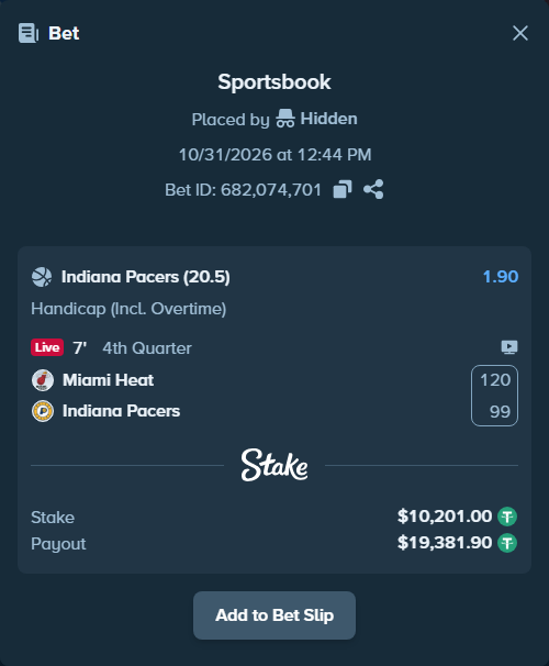 Bet slip: Miami Heat - Indiana Pacers, $10,211.20 stake at 1.90 odds, placed by haroldfinchh