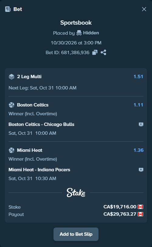 Bet slip: Miami Heat - Indiana Pacers, $14,589.84 stake at 1.36 odds, placed by Hidden