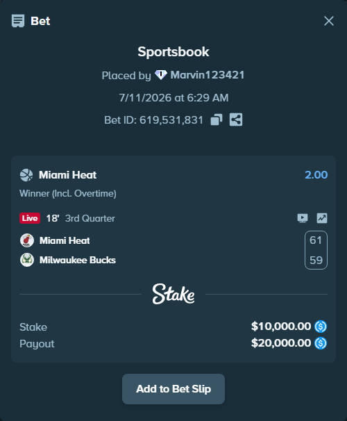 Bet slip: Miami Heat - Milwaukee Bucks, $10,000.00 stake at 2.00 odds, placed by Marvin123421