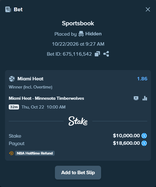 Bet slip: Miami Heat - Minnesota Timberwolves, $10,000.00 stake at 1.86 odds, placed by Lybivsk25